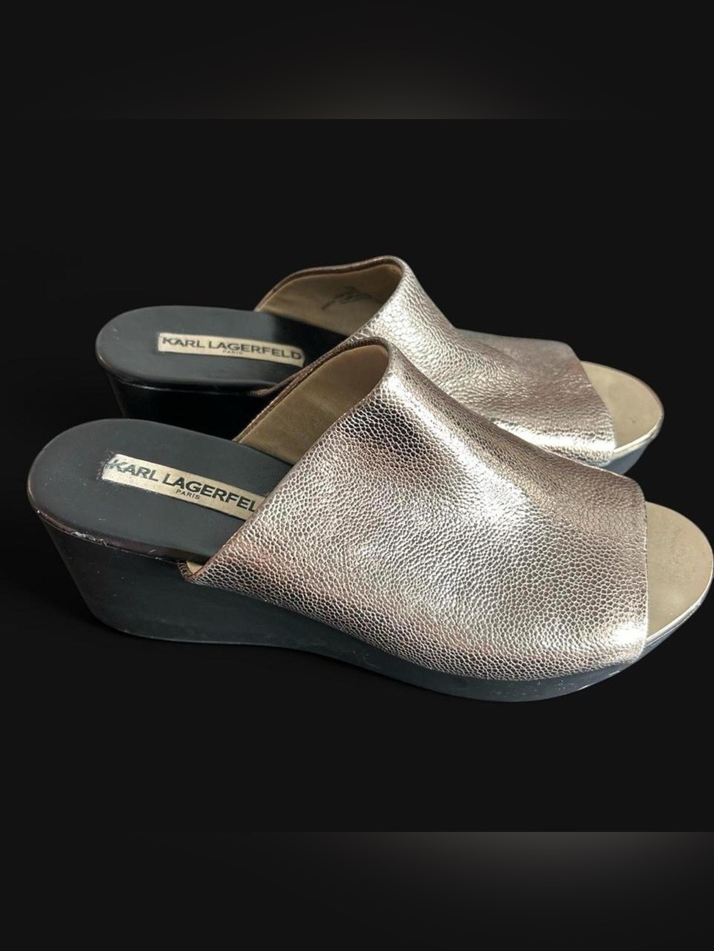 Karl Lagerfeld Pewter Silver Metallic Minimalist Wedge Slide Sandals